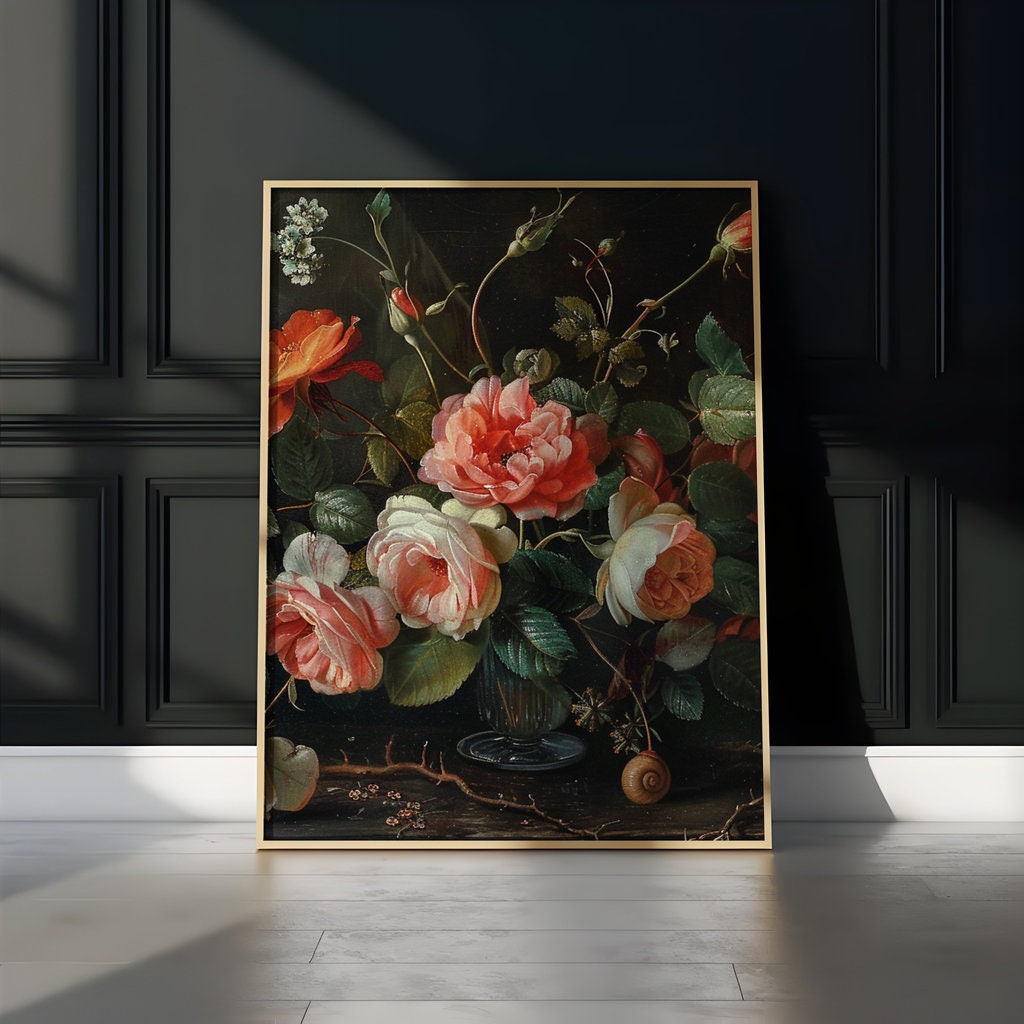 Dutch Master Bouquet Still Life of Pink and White Roses Interactive Wall Art