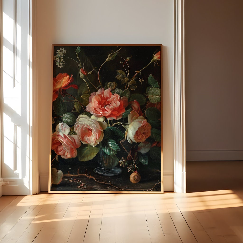 Dutch Master Bouquet Still Life of Pink and White Roses Interactive Wall Art