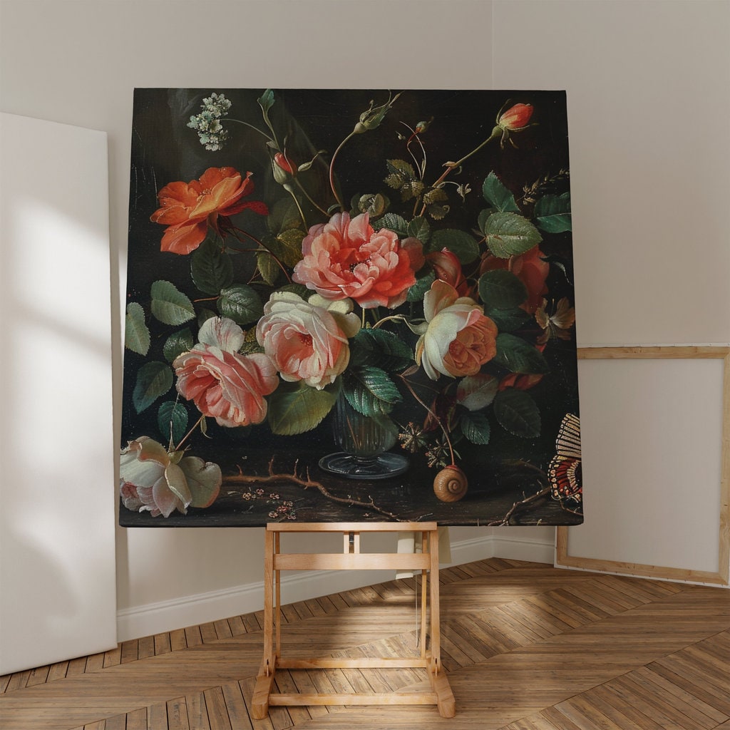 Dutch Master Floral: Vintage Rose Bouquet with Butterfly | Dark & Moody Still Life Art