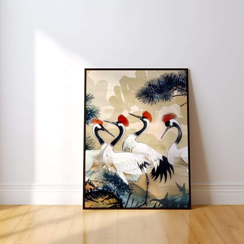 Traditional Chinese Ink Painting of Four Red-Crowned Cranes Interactive Wall Art