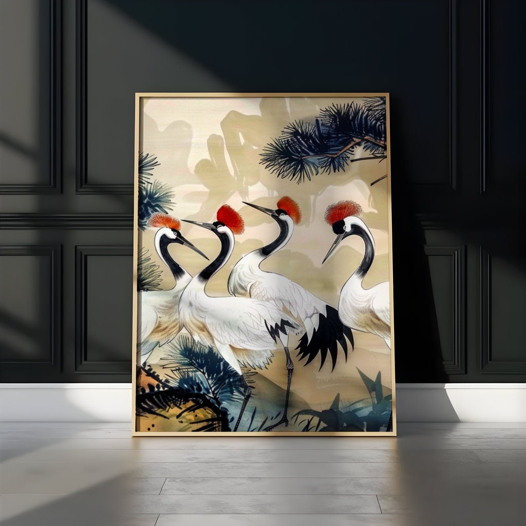 Traditional Chinese Ink Painting of Four Red-Crowned Cranes Interactive Wall Art