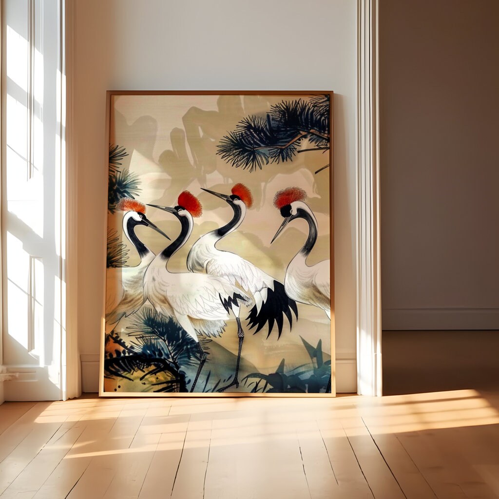 Traditional Chinese Ink Painting of Four Red-Crowned Cranes Interactive Wall Art