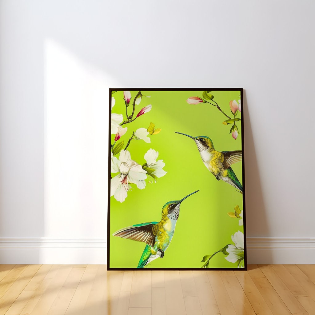 Iridescent Hummingbirds Hovering Amidst Blooming White Magnolia Flowers Interactive Wall Art