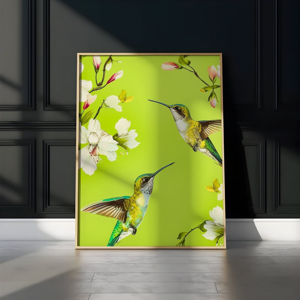 Iridescent Hummingbirds Hovering Amidst Blooming White Magnolia Flowers Interactive Wall Art