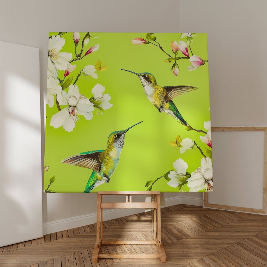 Iridescent Hummingbirds Hovering Amidst Blooming White Magnolia Flowers Interactive Wall Art