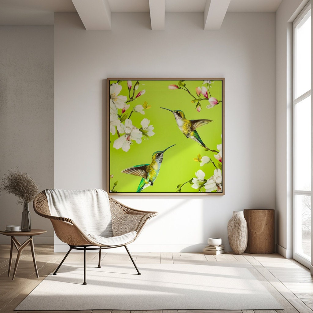 Iridescent Hummingbirds Hovering Amidst Blooming White Magnolia Flowers Interactive Wall Art