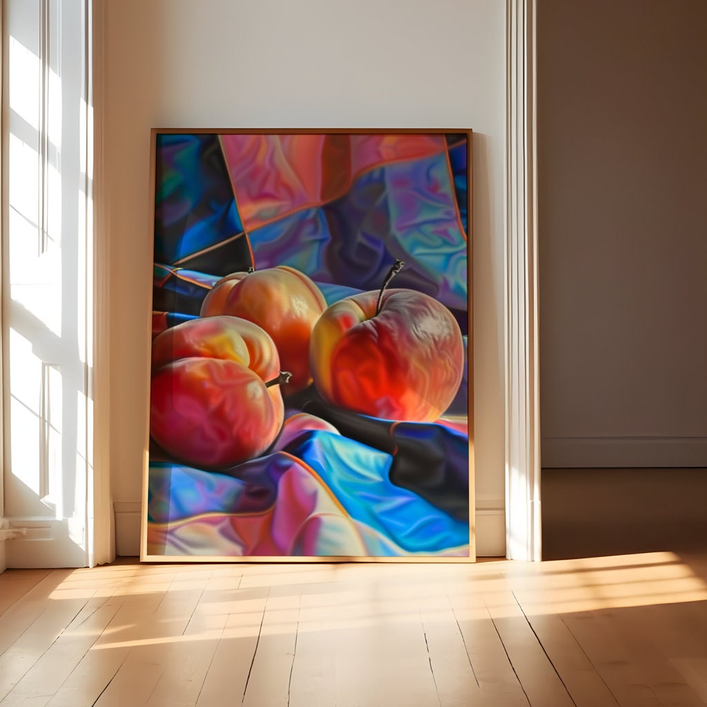 Summer's Blush: Hyperrealistic Peach Still Life | Vibrant & Luscious Fruit Wall Art