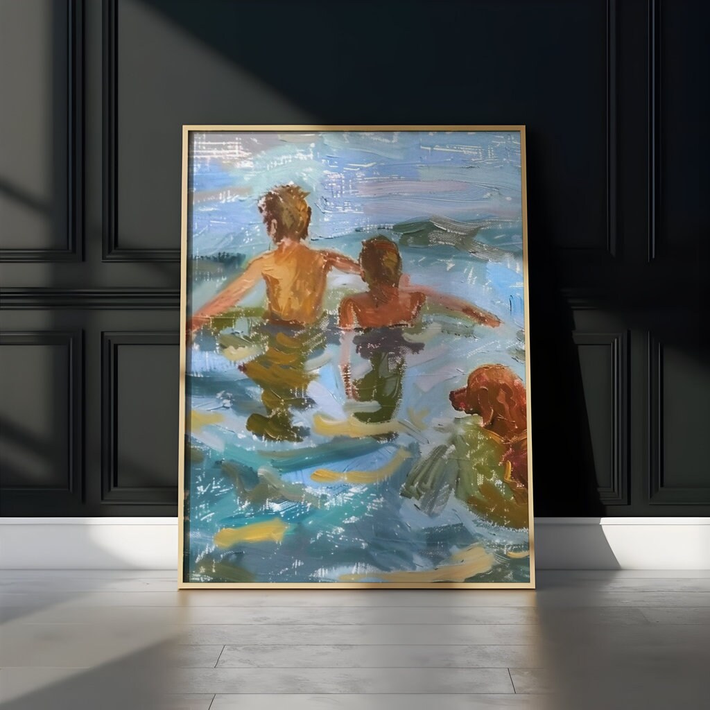 Summer Splash: Impressionist Boys & Dog Swimming in Lake | Nostalgic & Joyful Wall Art