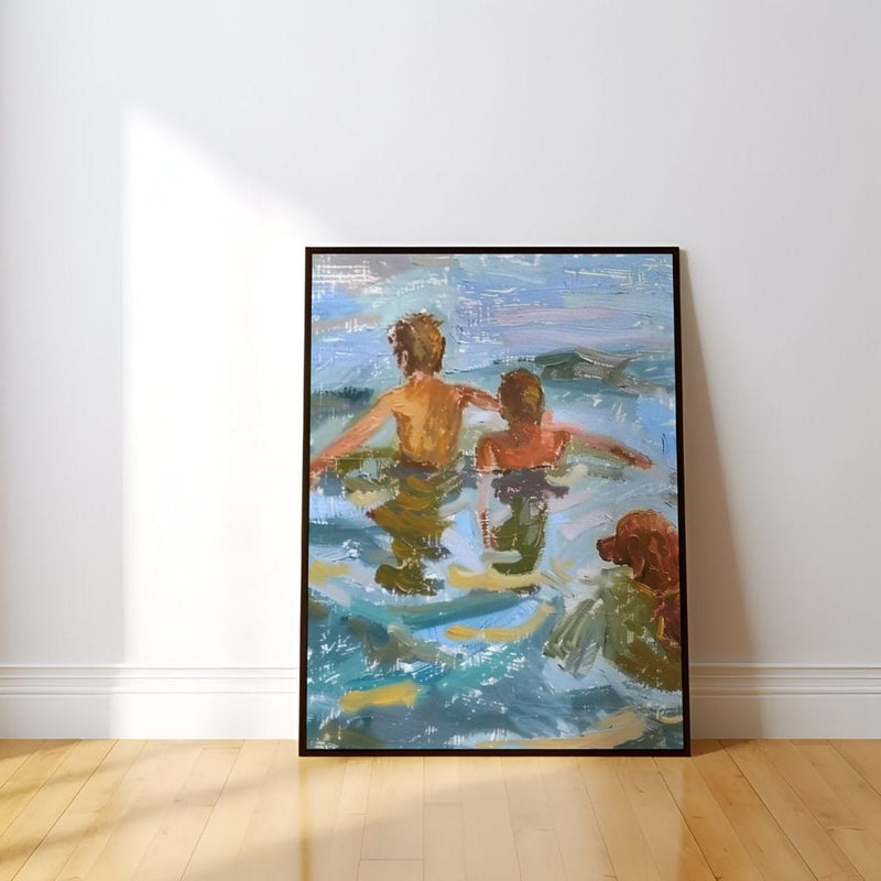 Impressionist Summer Wall Art – Boys Swimming Lake Painting with Golden Retriever Dog