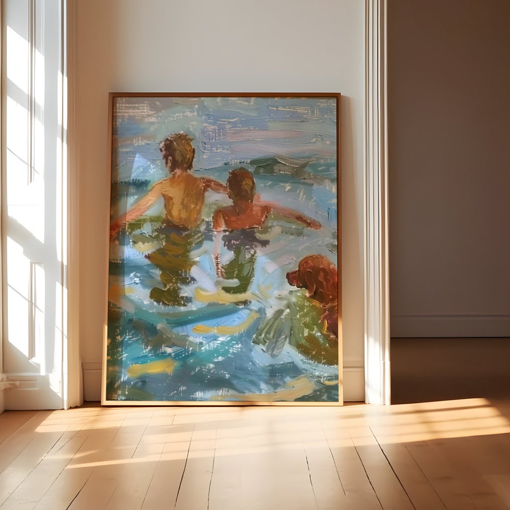 Summer Splash: Impressionist Boys & Dog Swimming in Lake | Nostalgic & Joyful Wall Art