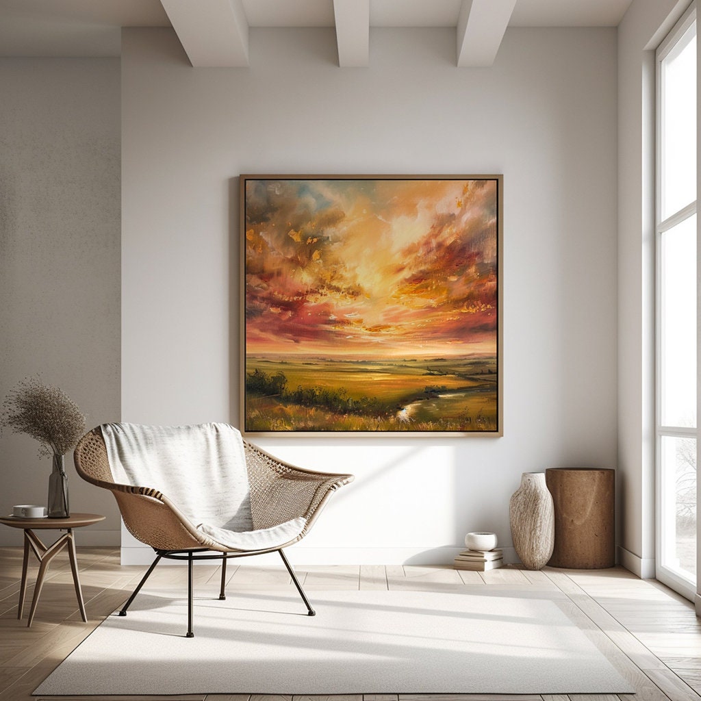 Golden Horizon: Impressionist Sunset Landscape Art | Warm & Serene Rolling Plains Decor