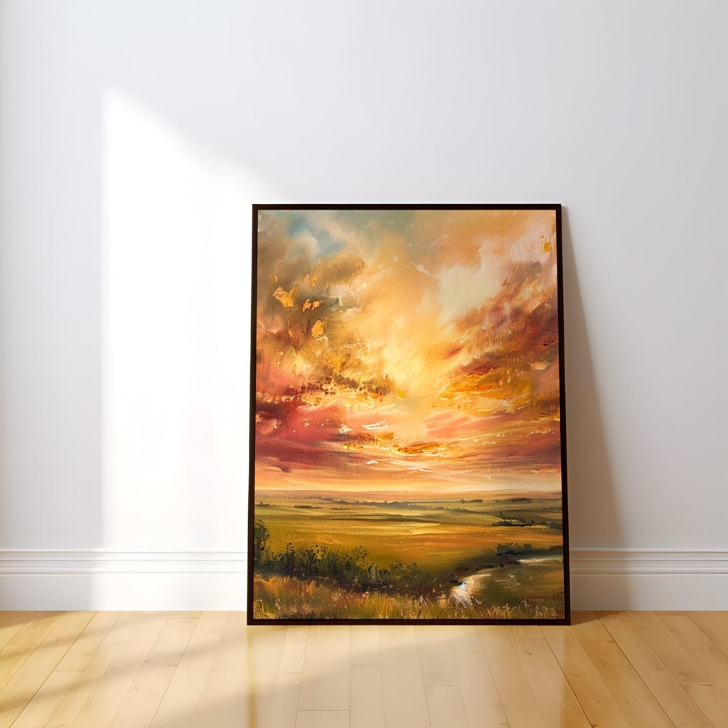Golden Horizon: Impressionist Sunset Landscape Art | Warm & Serene Rolling Plains Decor
