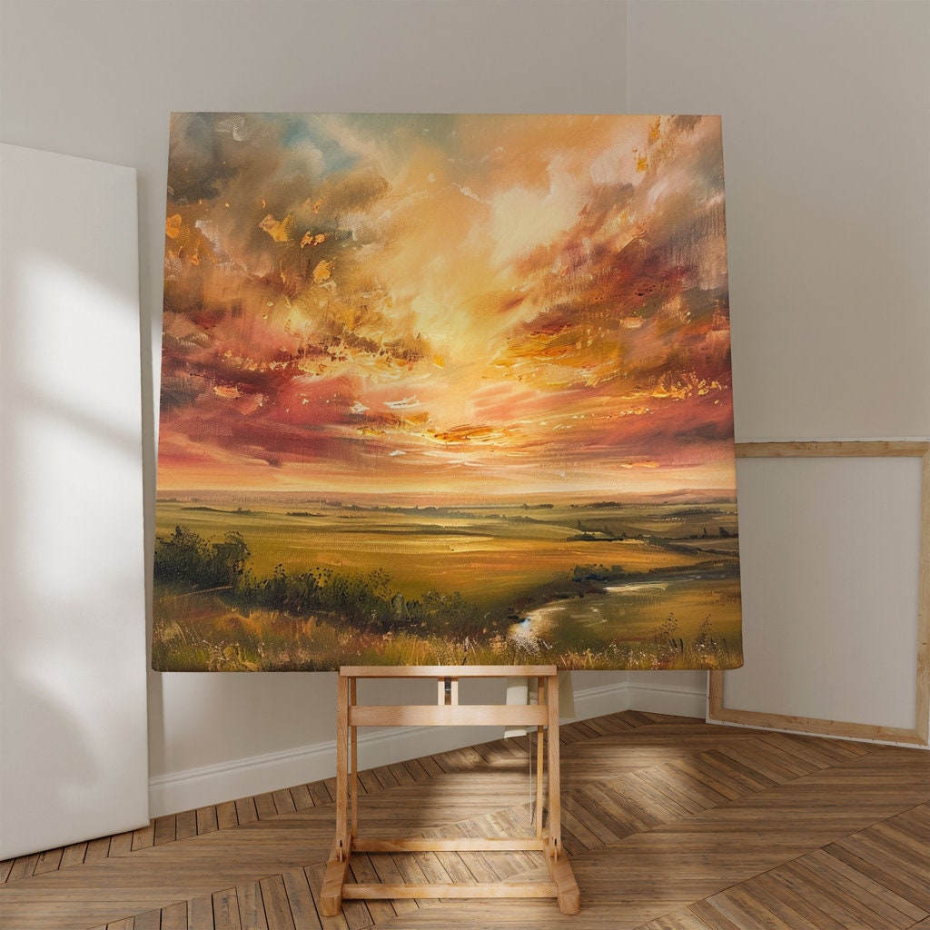 Golden Horizon: Impressionist Sunset Landscape Art | Warm & Serene Rolling Plains Decor