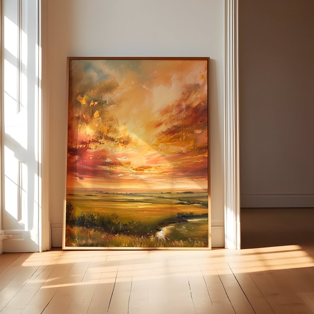 Golden Horizon: Impressionist Sunset Landscape Art | Warm & Serene Rolling Plains Decor