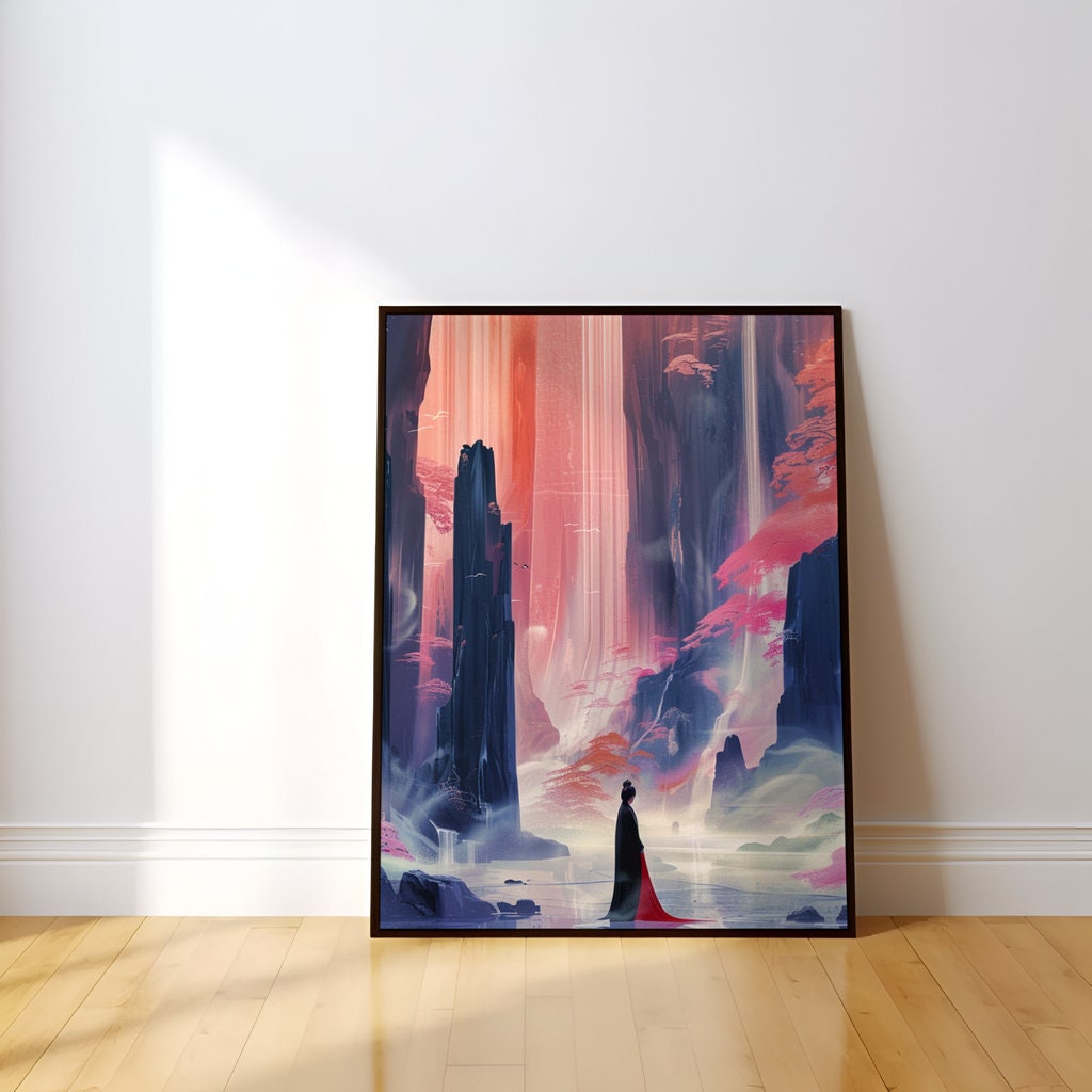 The Crimson Canyon: Ethereal Woman in Red Dress Art | Mystical Waterfall & Fantasy Landscape