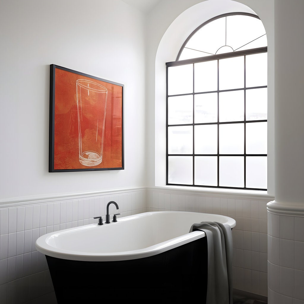 The Last Call: Modern Minimalist Beer Glass Sketch | Rustic Orange & White Wall Art