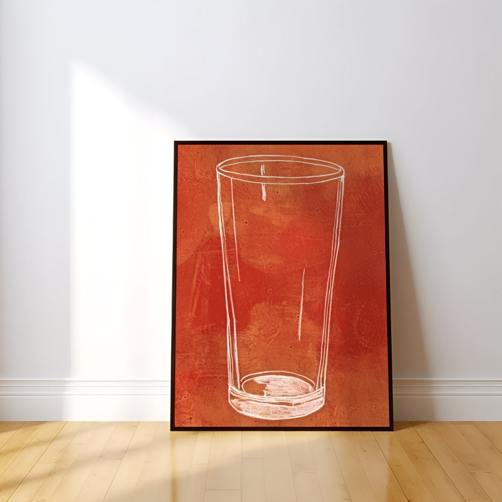 The Last Call: Modern Minimalist Beer Glass Sketch | Rustic Orange & White Wall Art