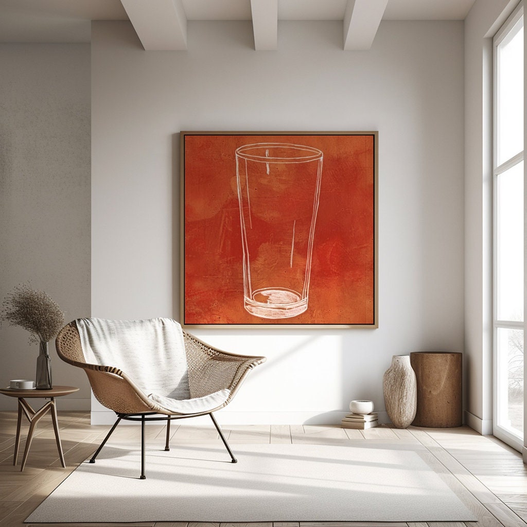 The Last Call: Modern Minimalist Beer Glass Sketch | Rustic Orange & White Wall Art