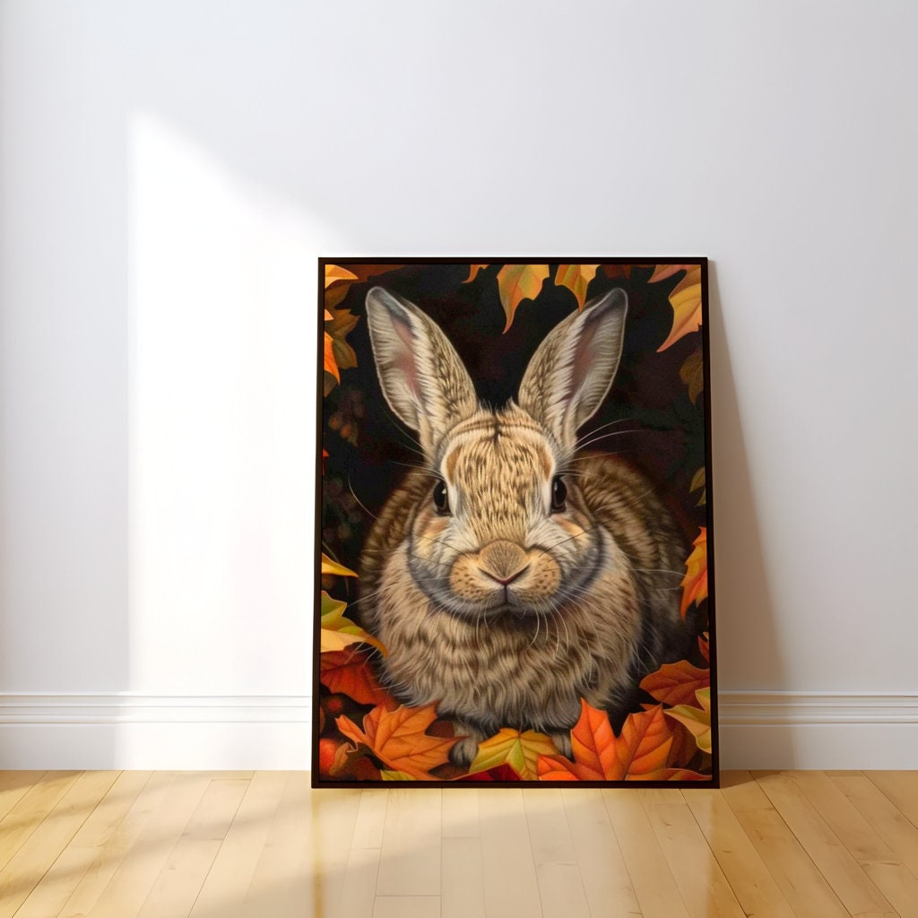 Autumn Rabbit: Hyperrealistic & Cozy Fall Leaves Art | Whimsical Woodland Animal Decor