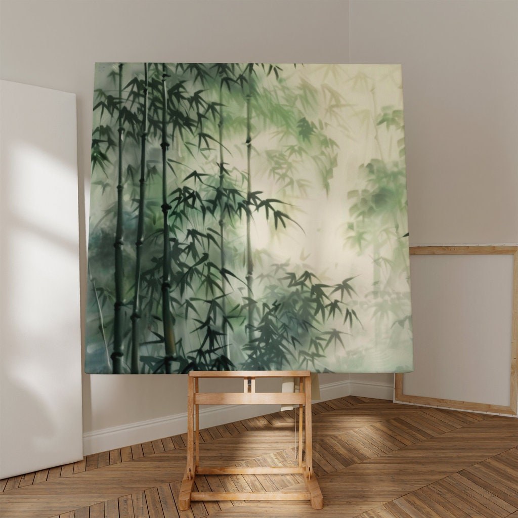 Serene Bamboo Grove: Green Forest Watercolor Print | Zen & Minimalist Japanese Inspired Art