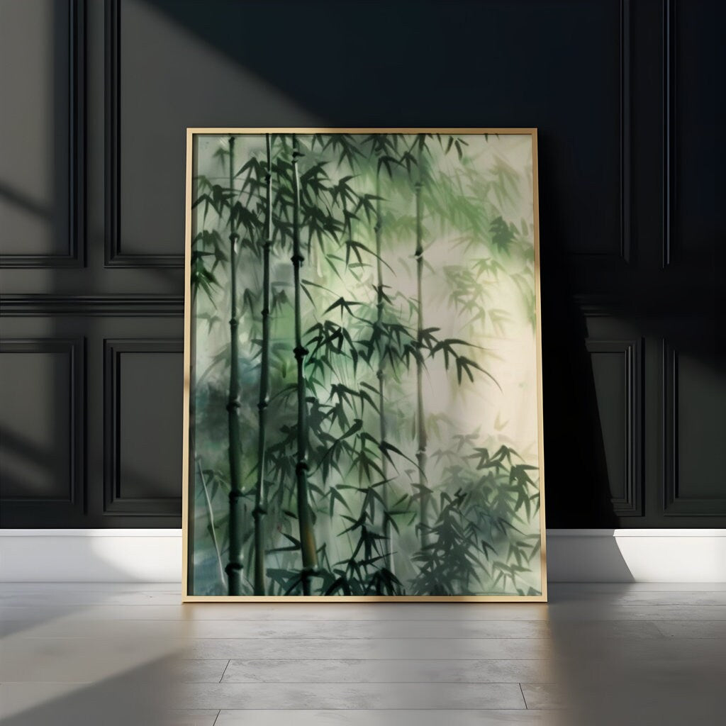 Serene Bamboo Grove: Green Forest Watercolor Print | Zen & Minimalist Japanese Inspired Art