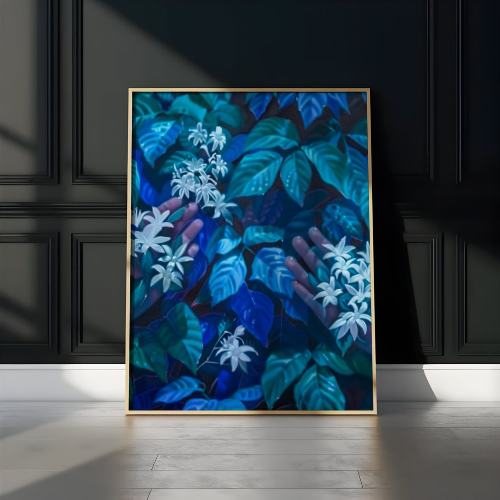 The Offering: Surreal Hands & White Flowers in Lush Foliage | Mystical & Elegant Botanical Art