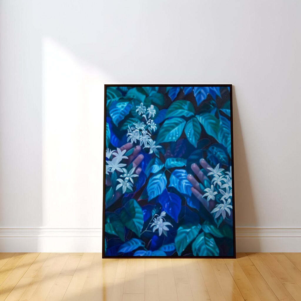 The Offering: Surreal Hands & White Flowers in Lush Foliage | Mystical & Elegant Botanical Art