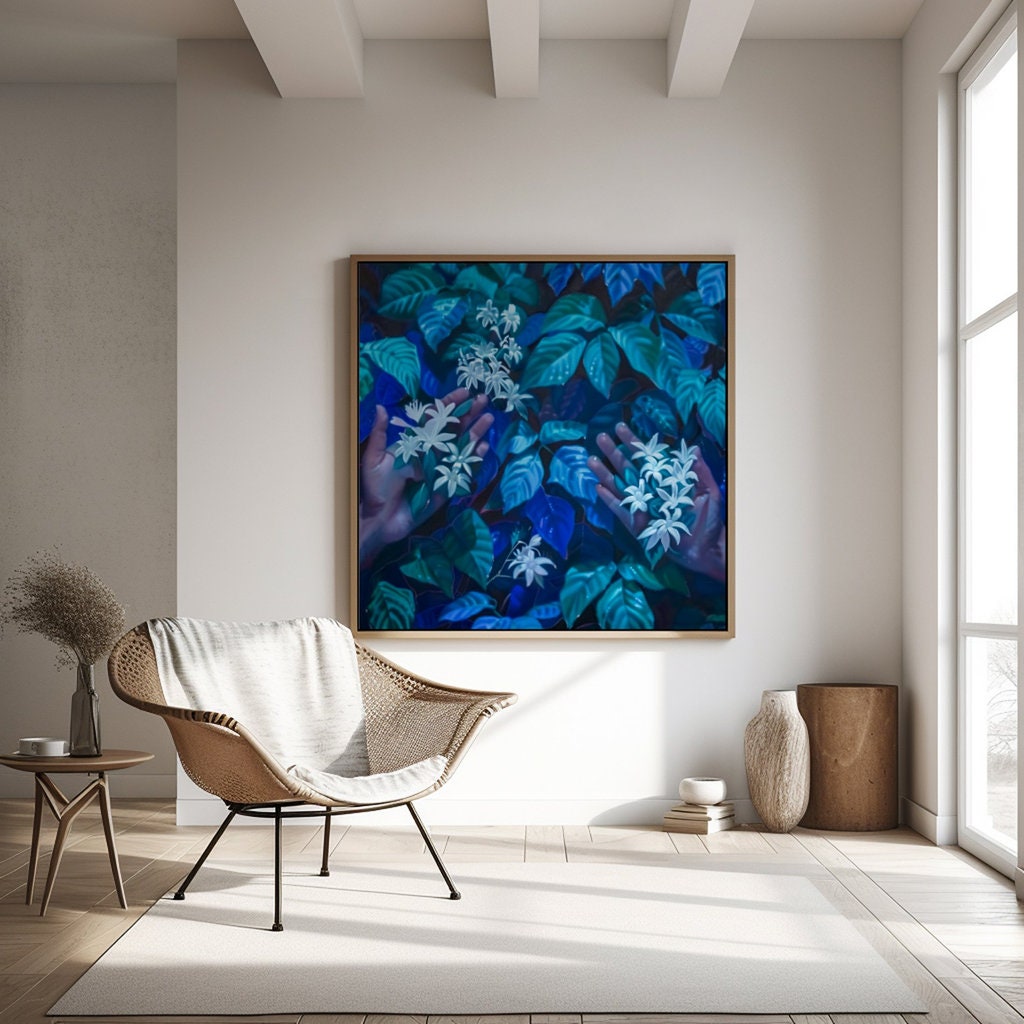 The Offering: Surreal Hands & White Flowers in Lush Foliage | Mystical & Elegant Botanical Art