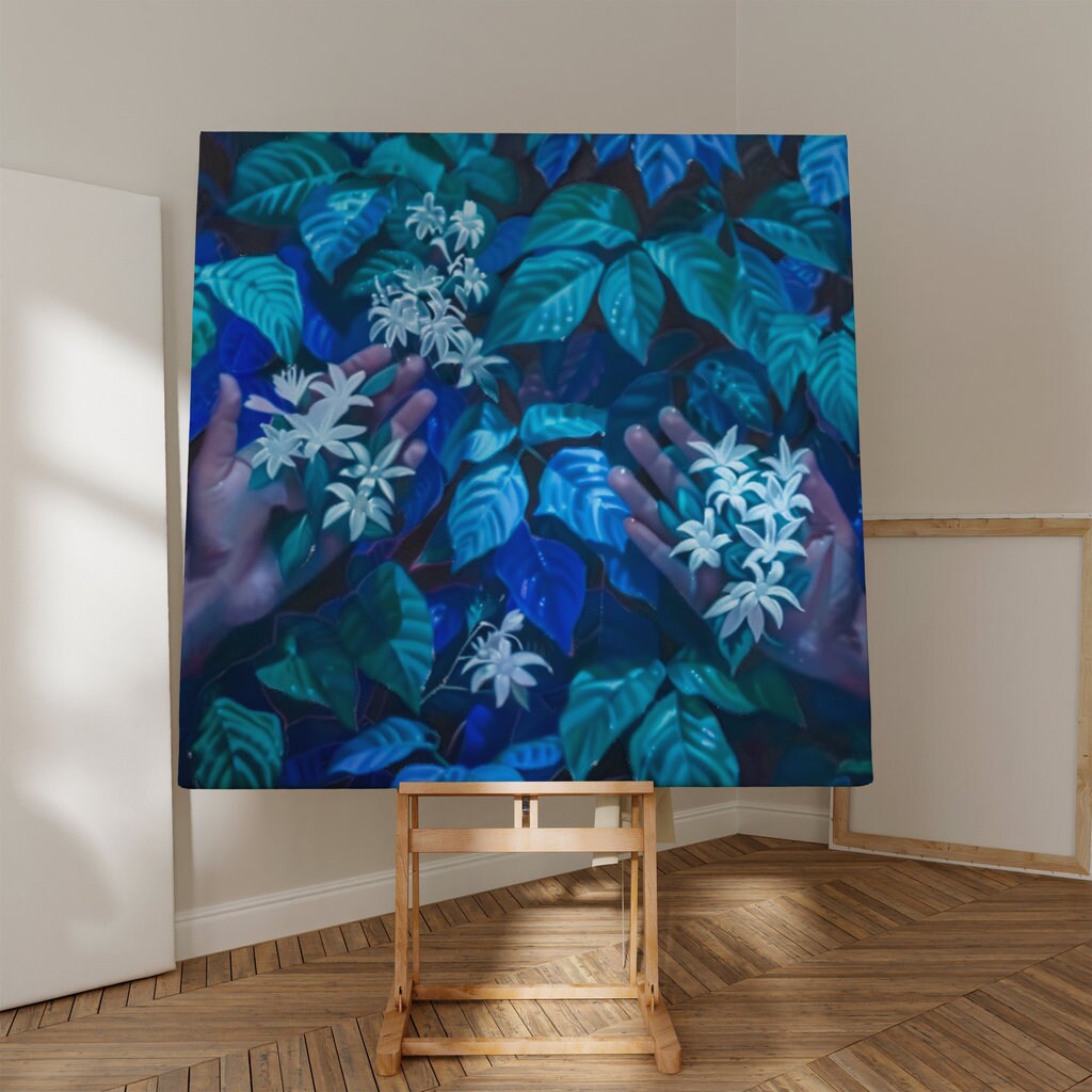 The Offering: Surreal Hands & White Flowers in Lush Foliage | Mystical & Elegant Botanical Art