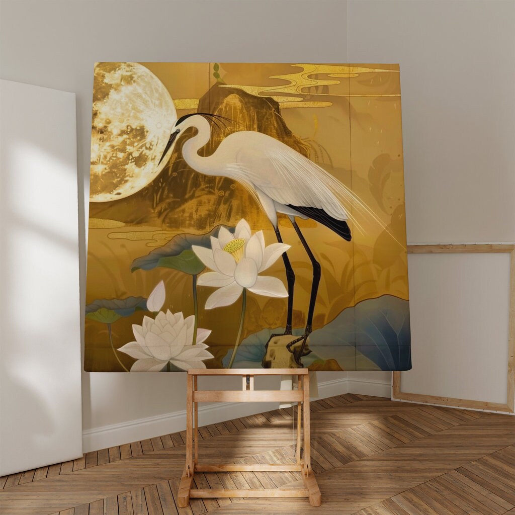 Moonlit Heron: Traditional Chinese Art with Lotus & Moon | Elegant & Serene Wall Decor