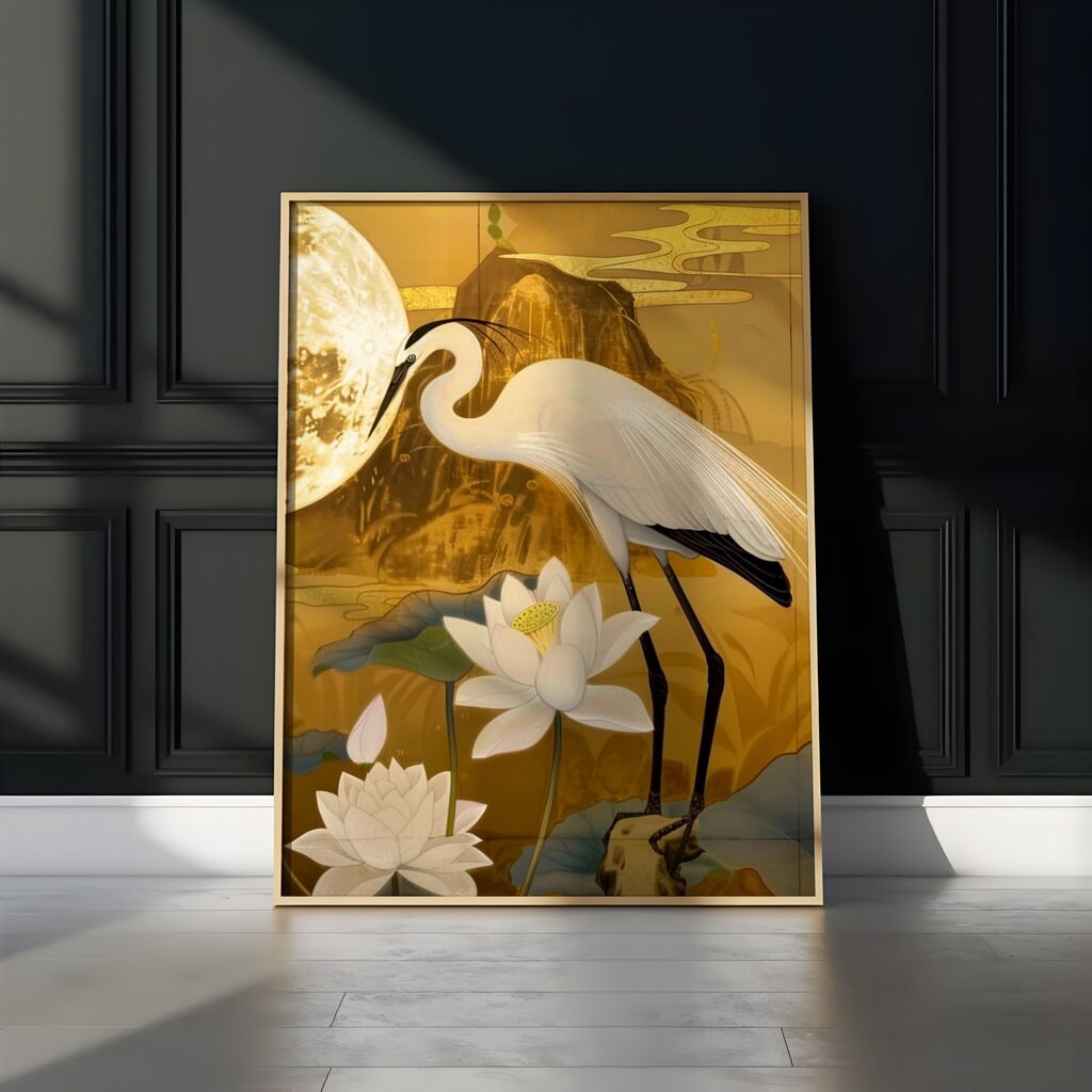 Moonlit Heron: Traditional Chinese Art with Lotus & Moon | Elegant & Serene Wall Decor