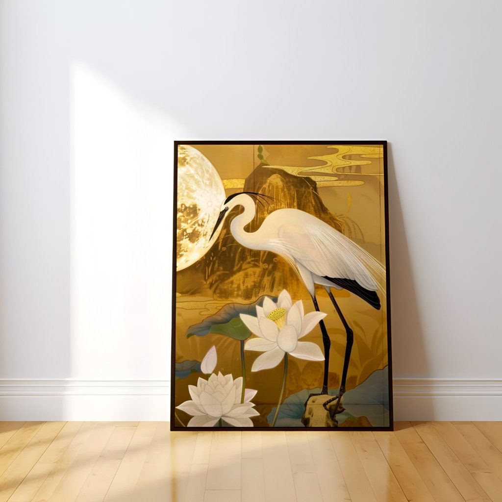 Moonlit Heron: Traditional Chinese Art with Lotus & Moon | Elegant & Serene Wall Decor