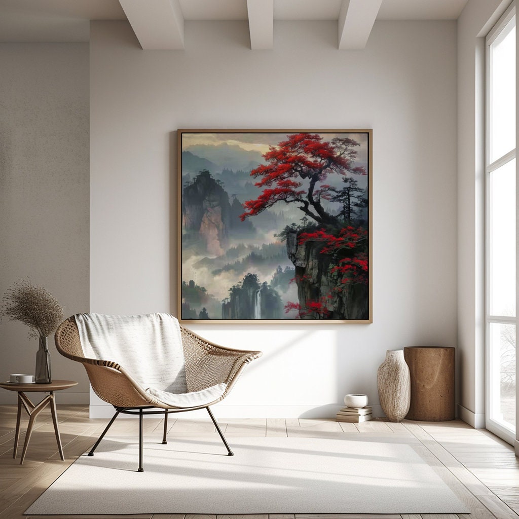 Ethereal Peaks: Chinese Mountain Landscape with Red Tree & Waterfall | Serene & Traditional Asian Art