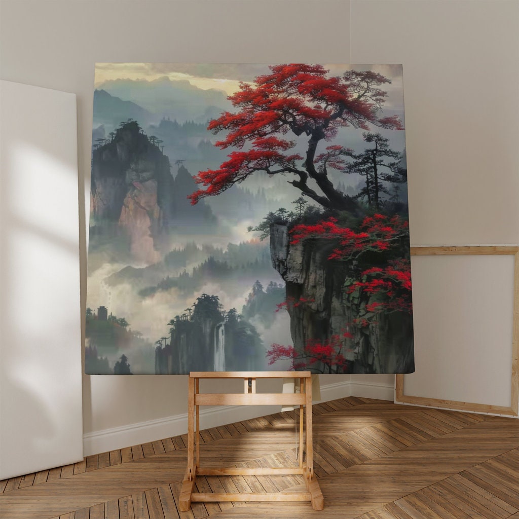 Ethereal Peaks: Chinese Mountain Landscape with Red Tree & Waterfall | Serene & Traditional Asian Art