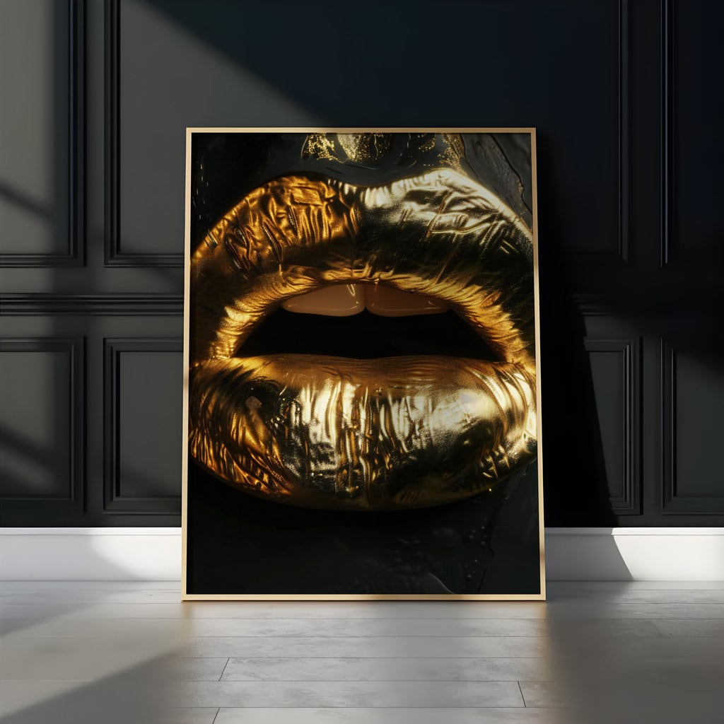 Metallic Whisper Gold Lips in Dramatic Contrast Interactive Wall Art