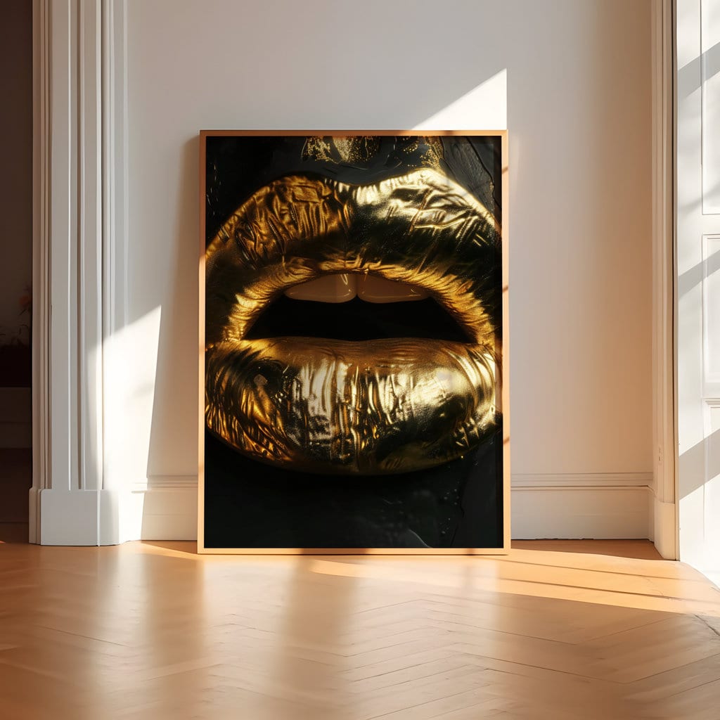 Metallic Whisper Gold Lips in Dramatic Contrast Interactive Wall Art