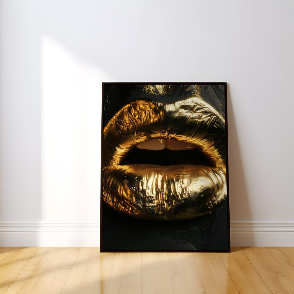 Metallic Whisper Gold Lips in Dramatic Contrast Interactive Wall Art