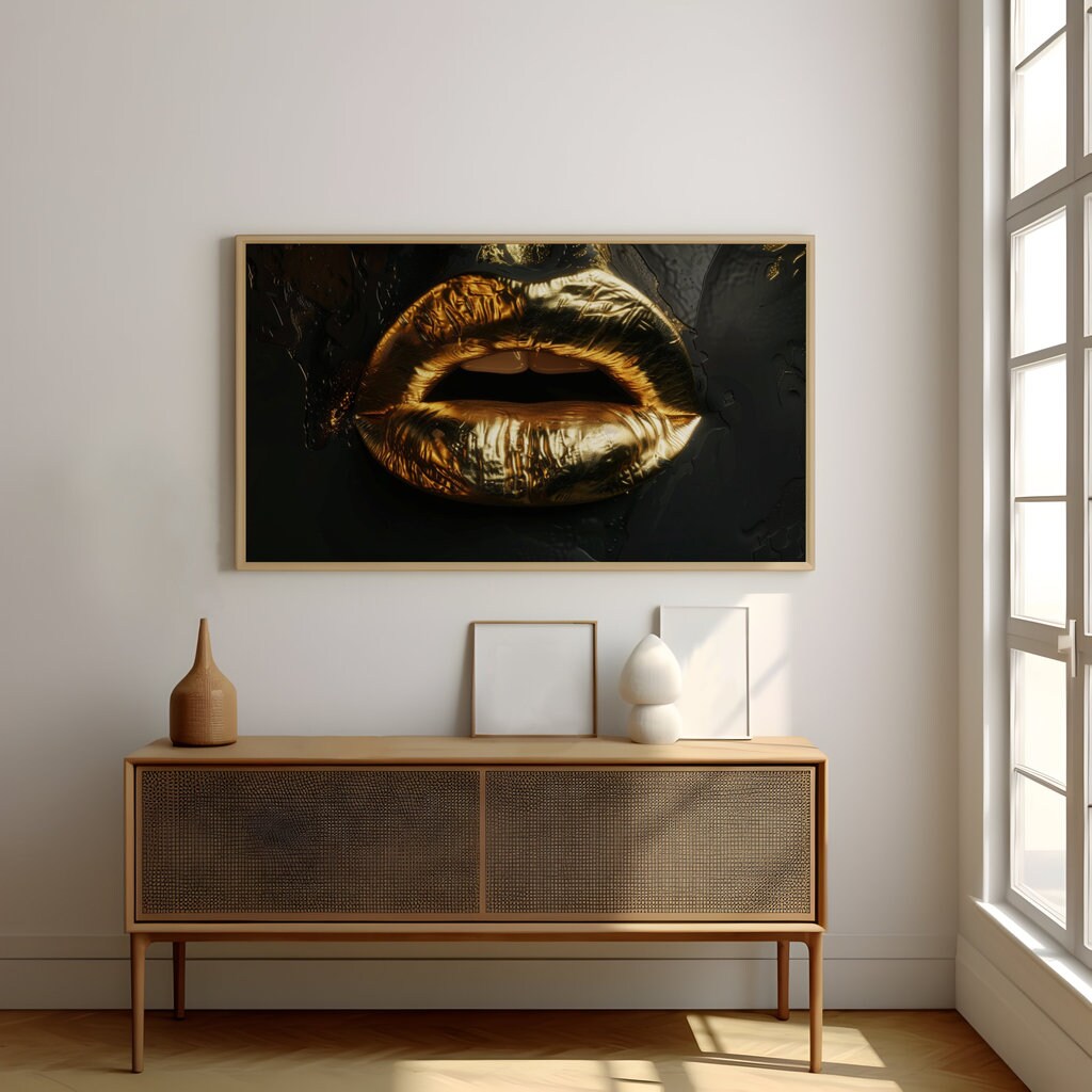 Metallic Whisper Gold Lips in Dramatic Contrast Interactive Wall Art