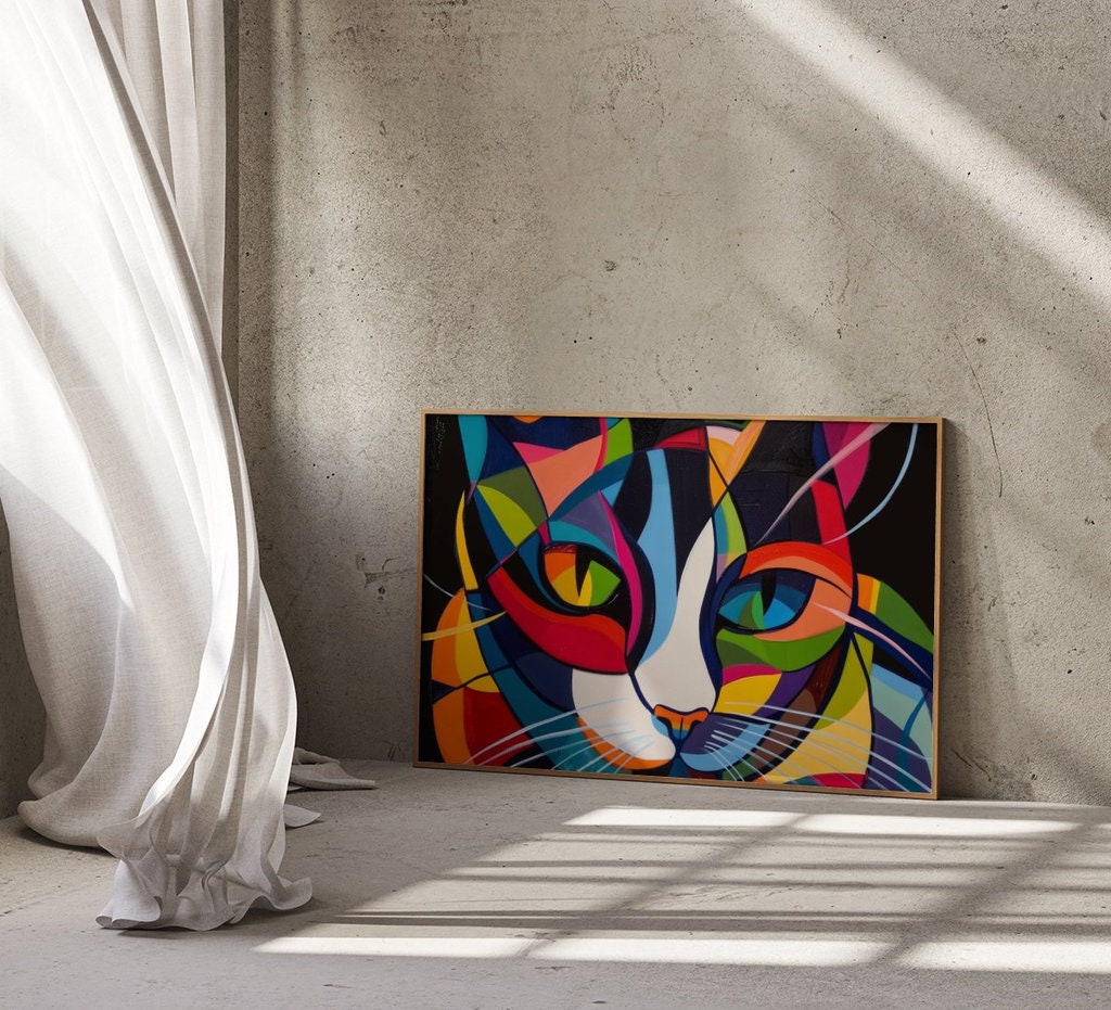 Cubist Cat Vibrant Geometric Abstraction Minimalist Interactive Wall Art