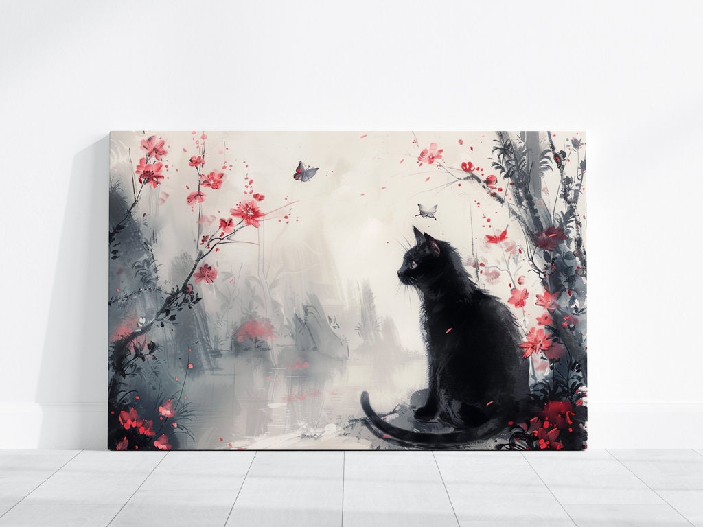 Mystical Garden Black Cat Among Misty Florals Interactive Wall Art