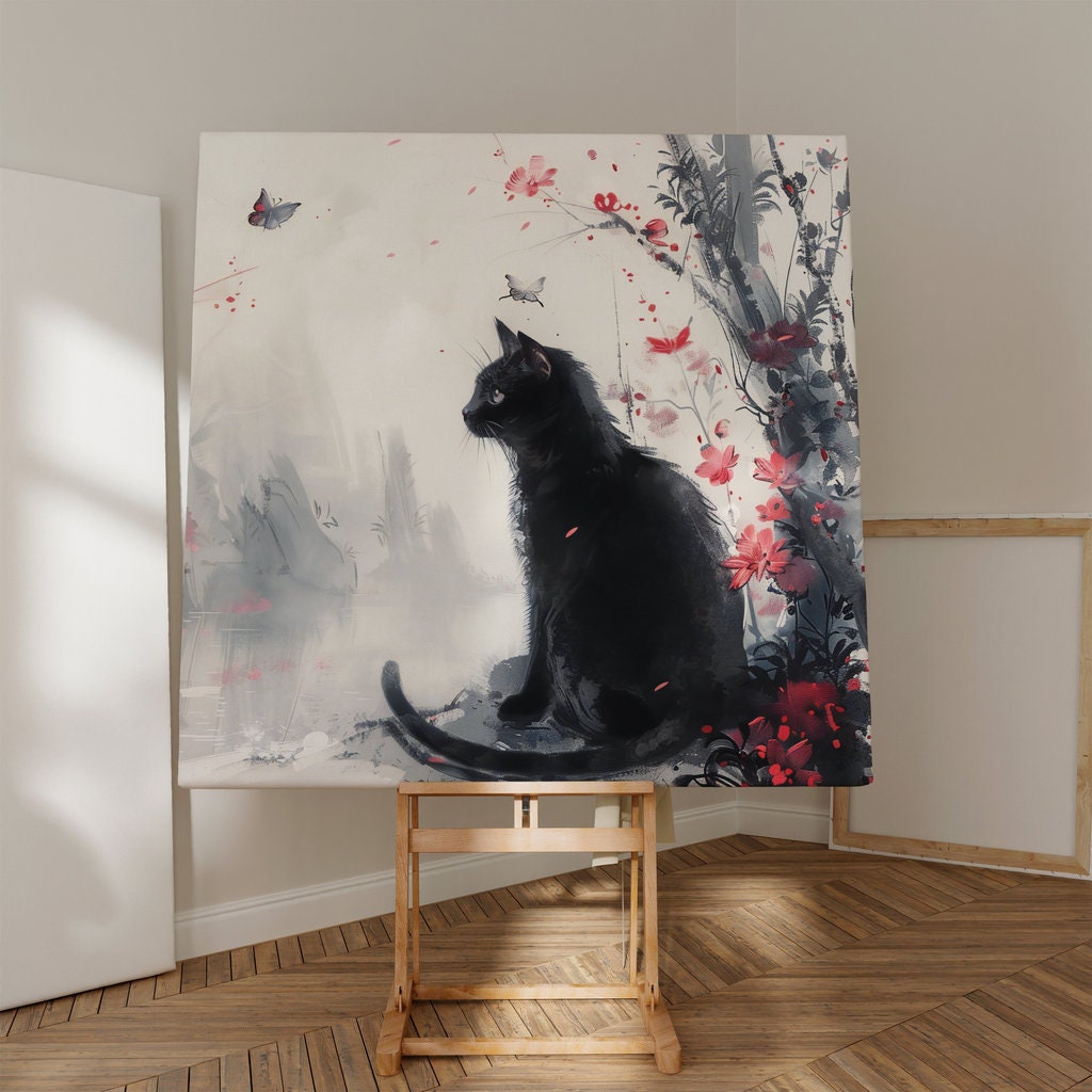 Mystical Garden Black Cat Among Misty Florals Interactive Wall Art