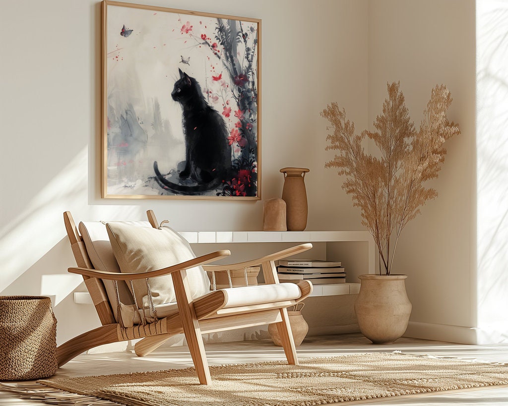 Mystical Garden Black Cat Among Misty Florals Interactive Wall Art