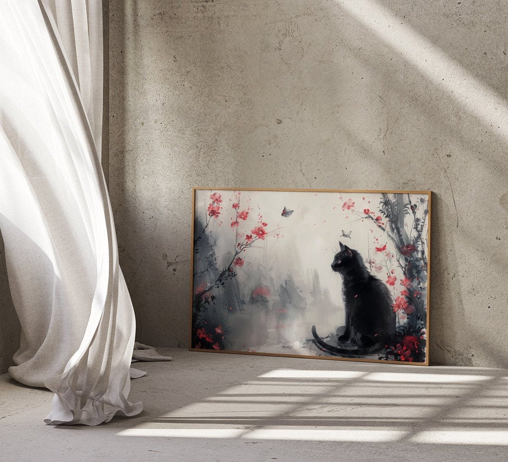 Mystical Garden Black Cat Among Misty Florals Interactive Wall Art