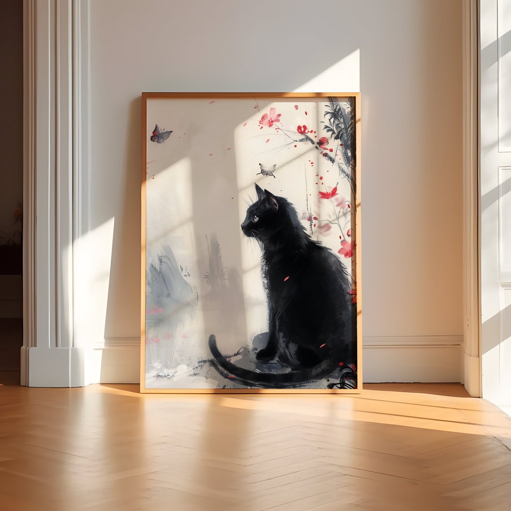 Mystical Garden Black Cat Among Misty Florals Interactive Wall Art