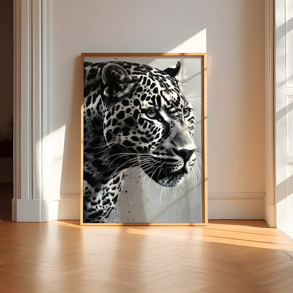 Cinematic Majesty: High-Contrast Leopard Portrait, Minimalist Art, Framed Art, Canvas, Immersive Art, QR code Live Art