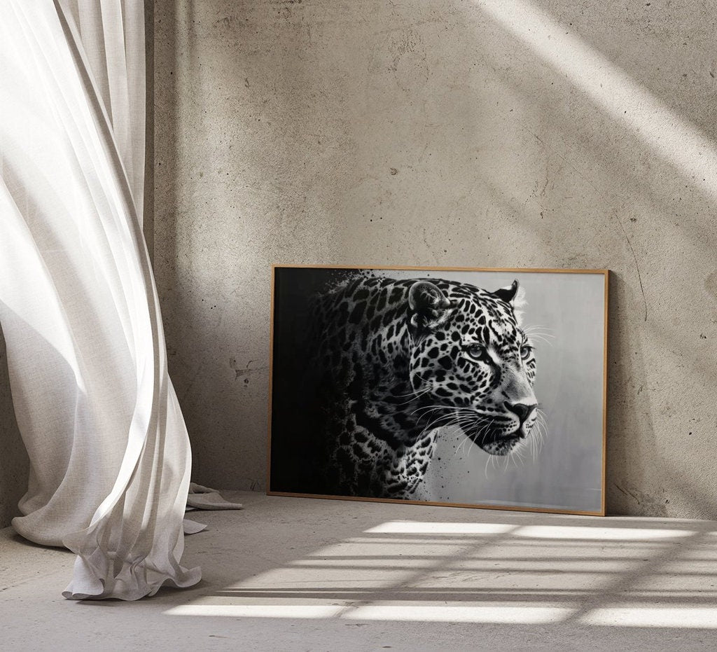 Cinematic Majesty: High-Contrast Leopard Portrait, Minimalist Art, Framed Art, Canvas, Immersive Art, QR code Live Art