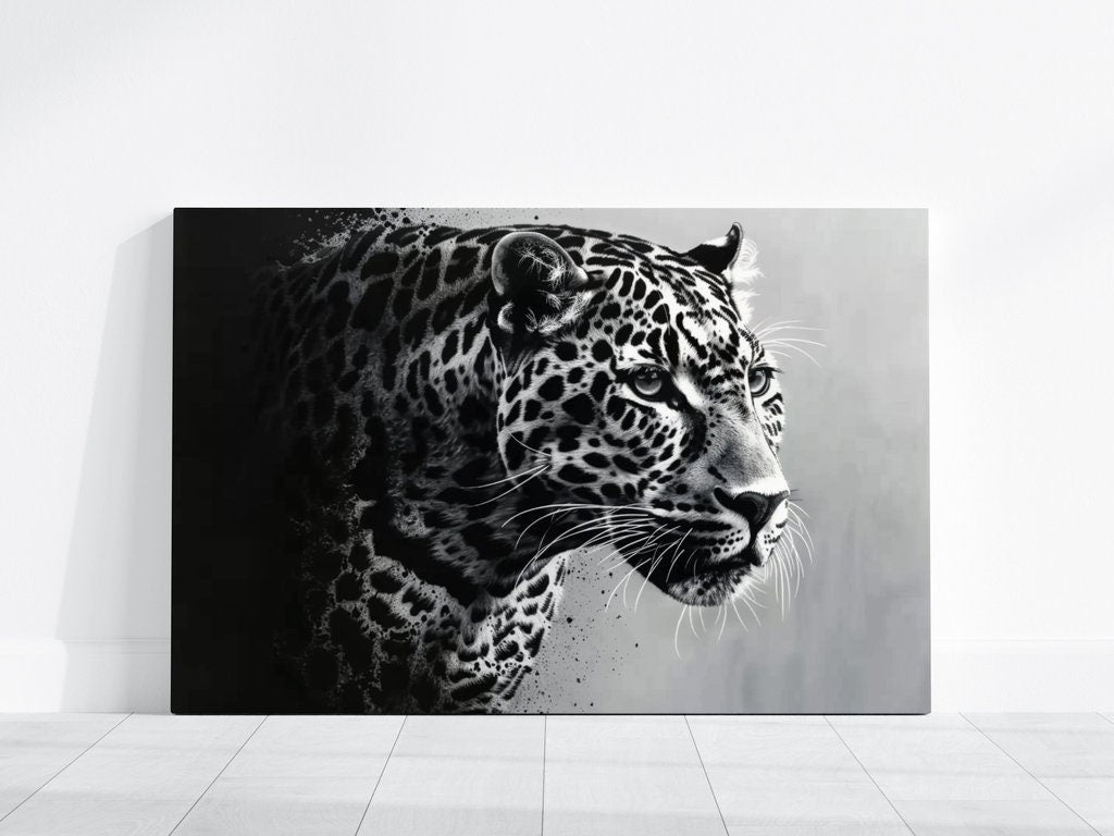 Cinematic Majesty: High-Contrast Leopard Portrait, Minimalist Art, Framed Art, Canvas, Immersive Art, QR code Live Art