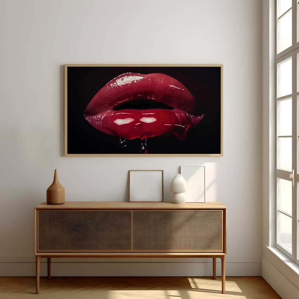 Crimson Whisper Photorealistic Red Lips, Minimalist Art, Framed Art, Canvas, Immersive Art, QR code Live Art