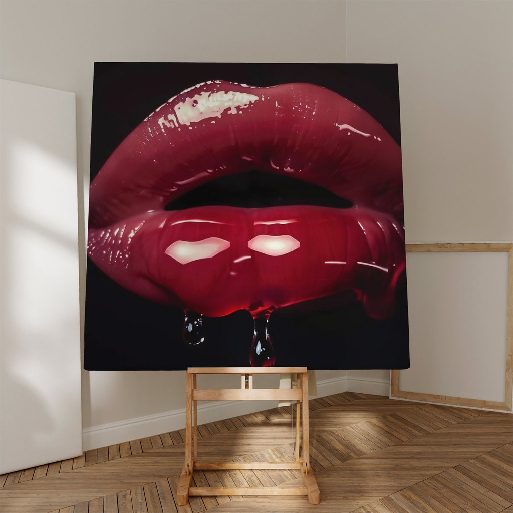 Crimson Whisper Photorealistic Red Lips, Minimalist Art, Framed Art, Canvas, Immersive Art, QR code Live Art