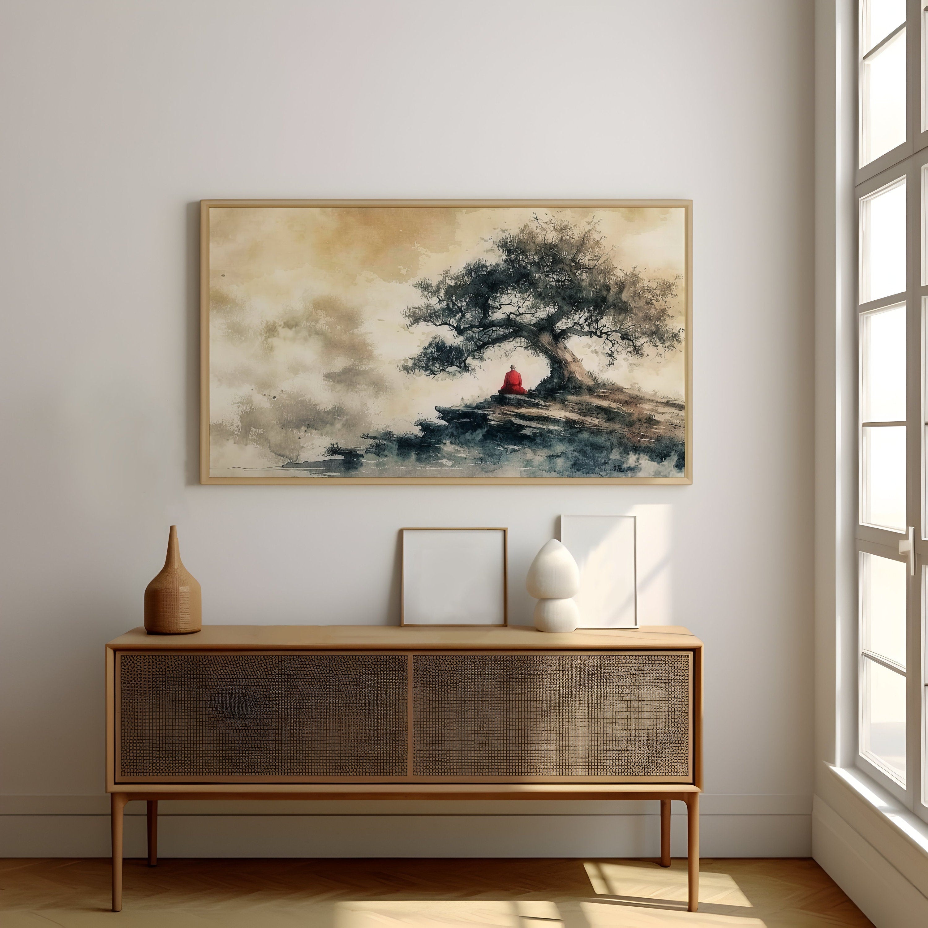 The Ancient Path: Meditating Monk Under Tree Watercolor | Serene & Spiritual Zen Art